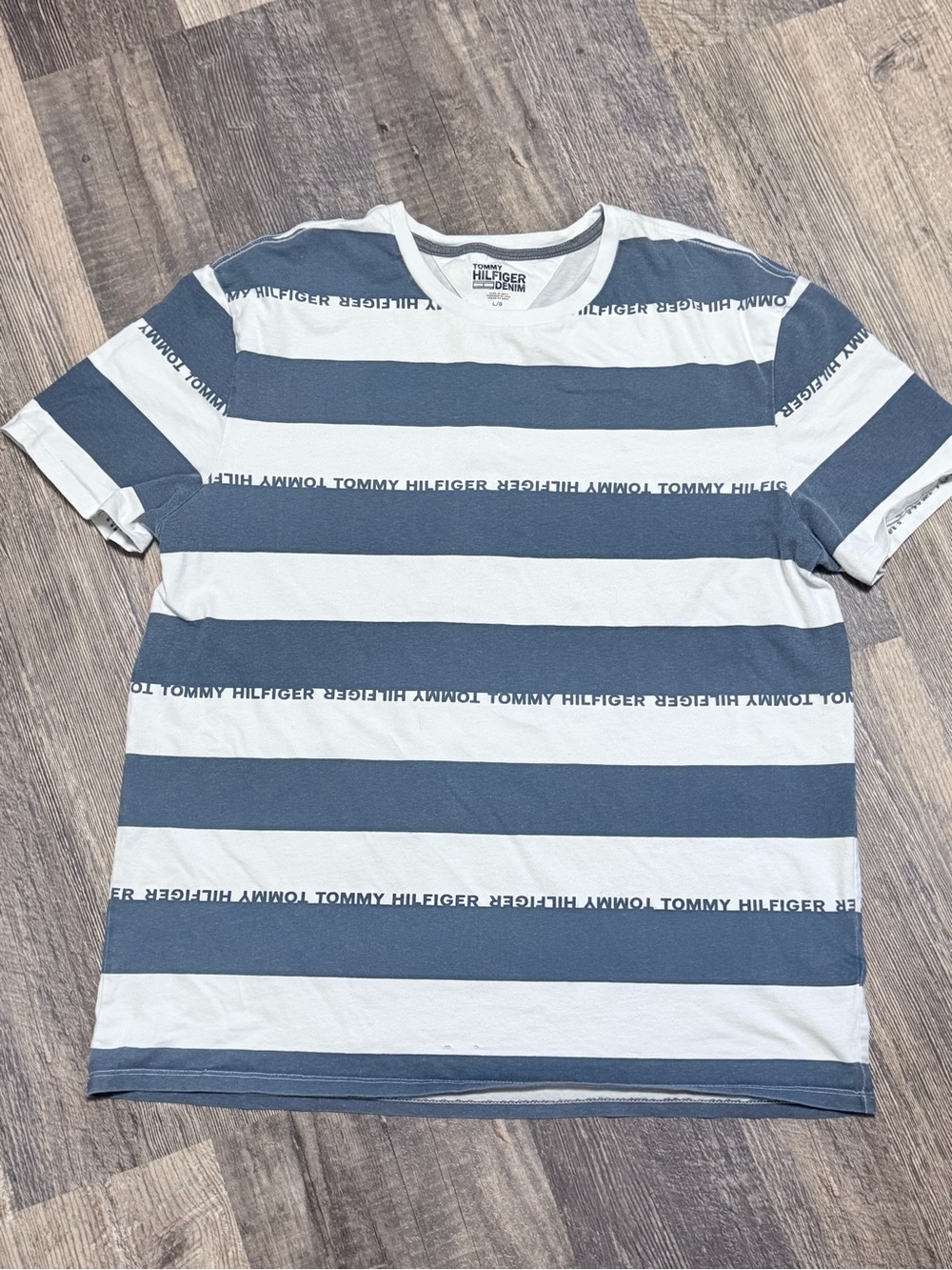 Tommy Hilfiger Men’s Blue and White Striped Crewneck Tee with Logo Tape